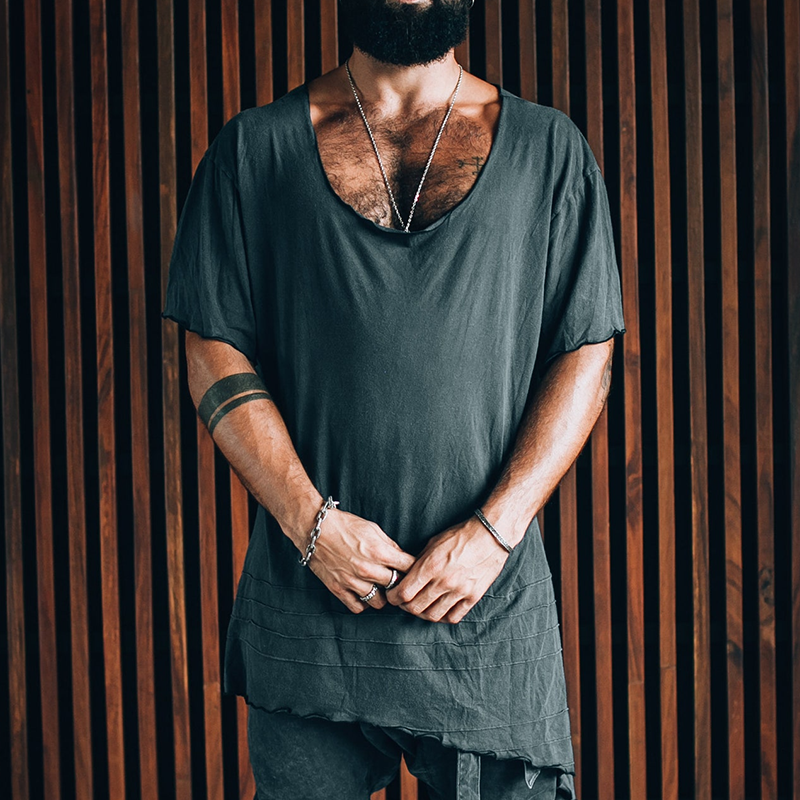 Men's Cotton Vintage Pleated Irregular Round Neck Short-sleeved T-shirt MTA0460G4TO
