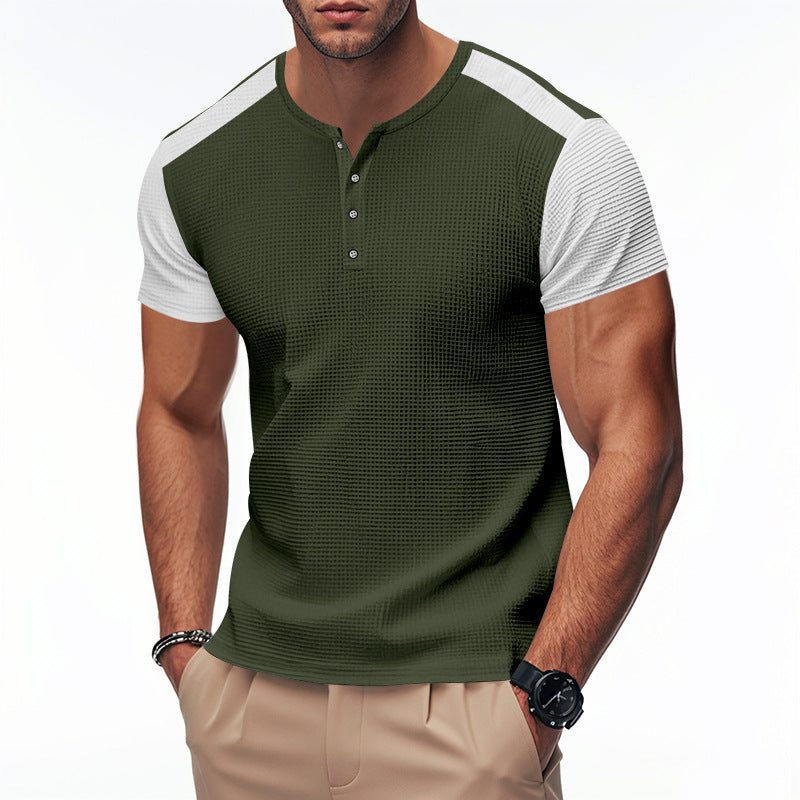 Men's Spring And Summer Fashion Casual Waffle Color Contrast Stitching Henry Collar Short Sleeve T-shirt MTA3021F4K
