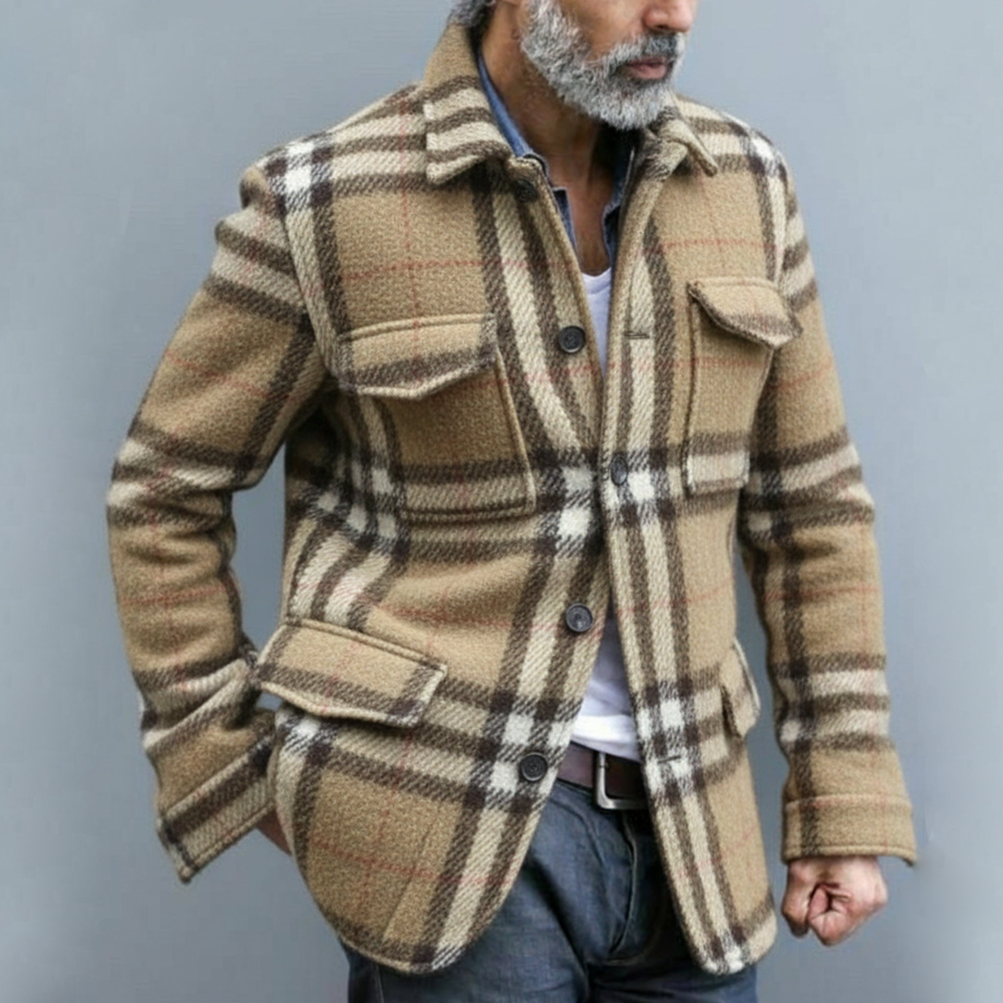 Men's Classic Light Business Lapel Single-breasted Faux Plaid Woolen Jacket With Multiple Pockets MTA3032I6K