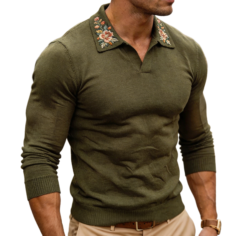 Men's Retro Casual Embroidered Knitted Collar Sweater MTA2209L5TO