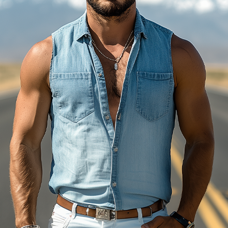 Men's Spring And Summer Fashionable Casual Western Cowboy Style Washed Tencel Denim Sleeveless Shirt MTA0714E7K