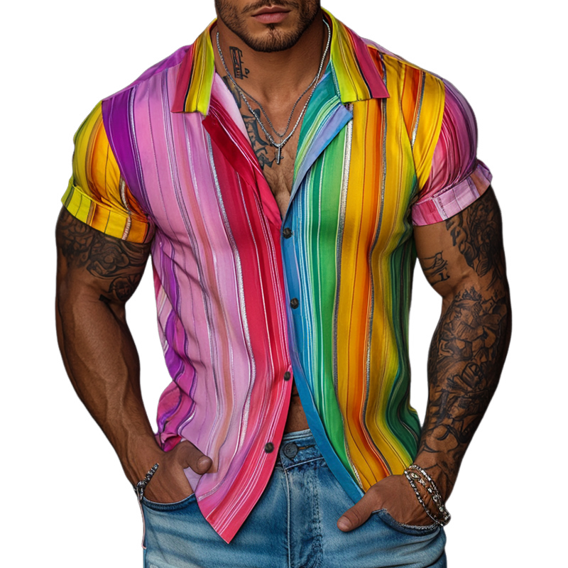 Men'S Retro Casual Rainbow Stripe Print Lapel Short Sleeve Shirt MTA0979E6TO