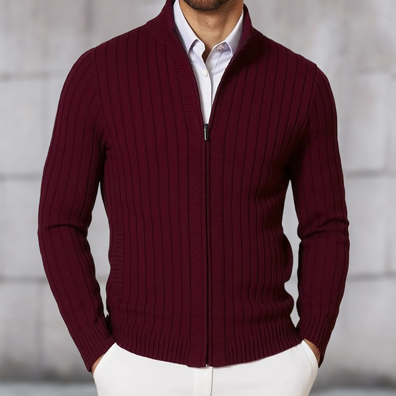 Men's Stand Collar Solid Color Striped Knit Zipper Cardigan MTA1352H6X