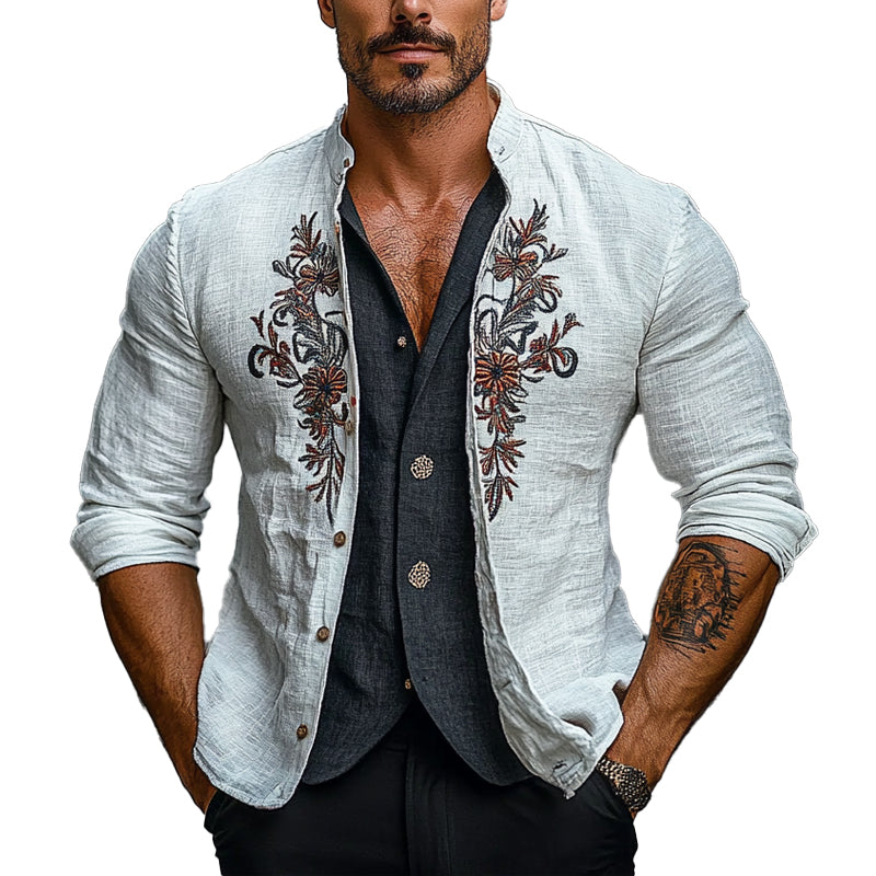 Men's Stand Collar Floral Embroidery Single Breasted Jacket 83911304X