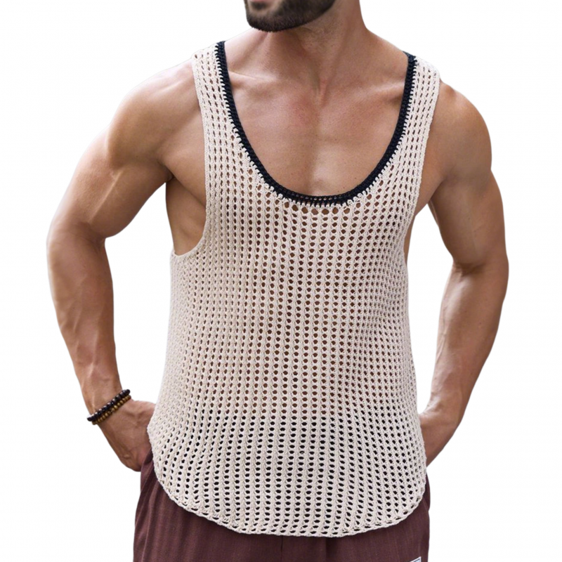 Men's Casual Elegant Solid Color Hollow Jacquard Deep U-neck Slim Fit Knitted Tank Top MTA0439G2M