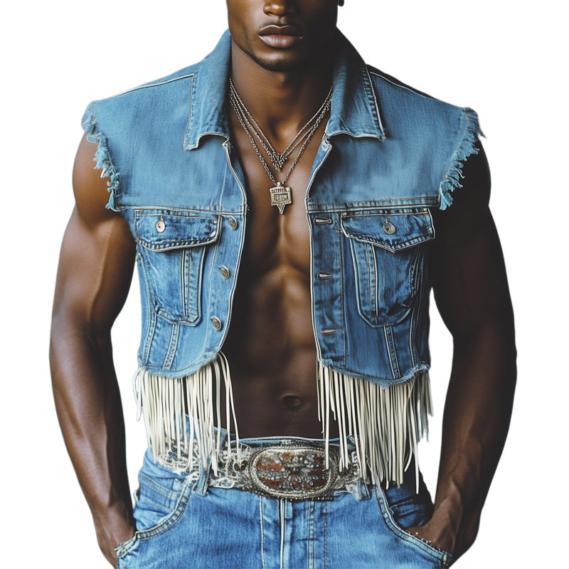 Men's Western Cowboy Style Tassel Denim Vest MTA1428E9U