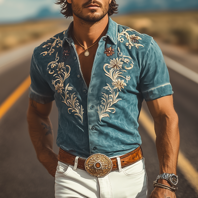 Men's Fashion Casual American Retro Western Tough Style Thin Suede Embroidered Slim Short-sleeved Shirt MTA0772F2K