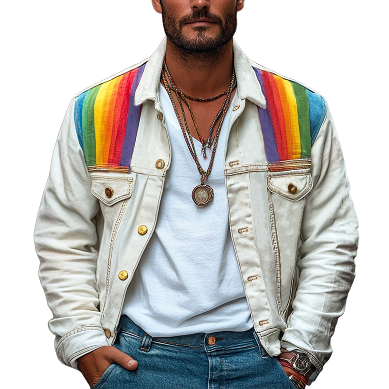 Men's Rainbow Fabric Patchwork White Denim Jacket 13496204U