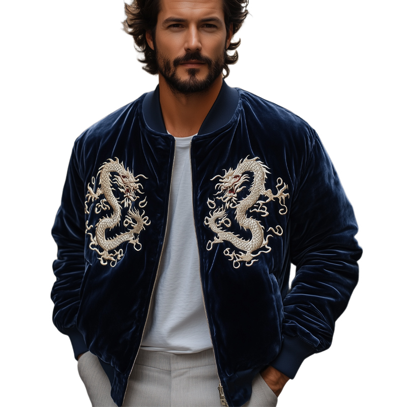 Men's Navy Vintage Dragon Embroidered Velvet Jacket 93477896U