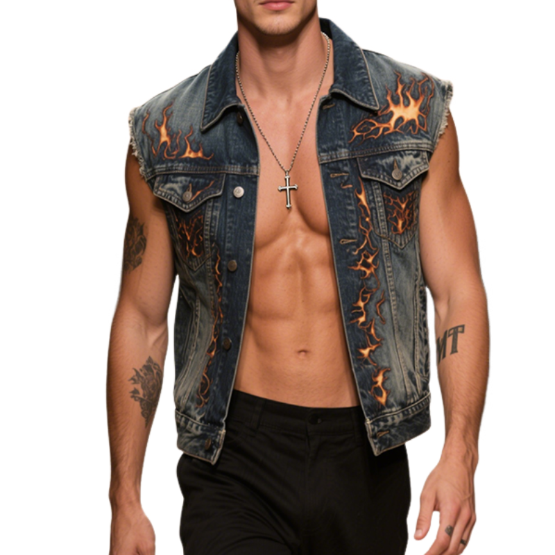 Men's Retro Casual Washed Denim Flame Print Lapel Single Breasted Vest MTA2985E1TO