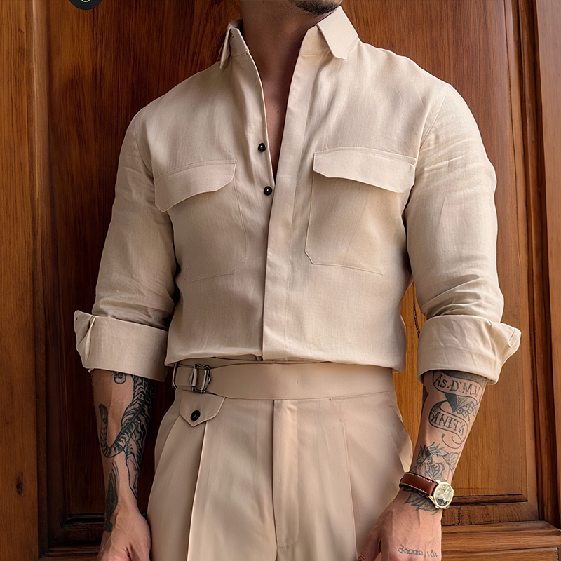 Men's Retro Casual Linen Solid Color Lapel Long Sleeve Shirt MTA2413G8TO