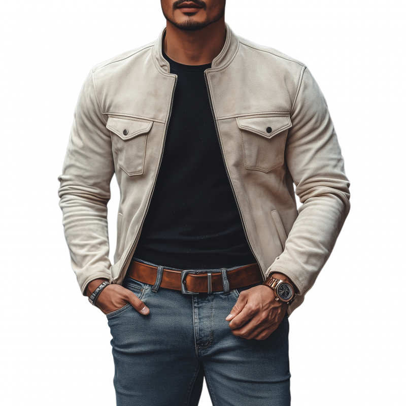 Men's Casual Vintage Solid Color Faux Suede Stand Collar Zipper Slim Short Jacket MTA3046G5M