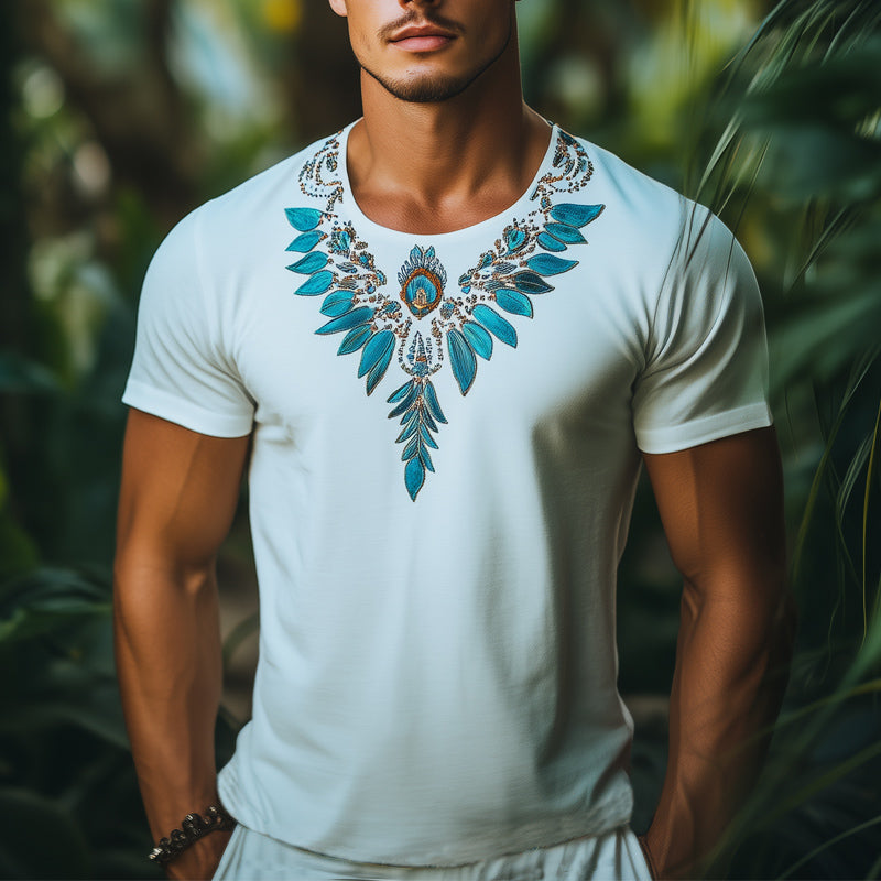 Men's Summer Indian Style Embroidered Short Sleeve T-Shirt MTA1057E8U