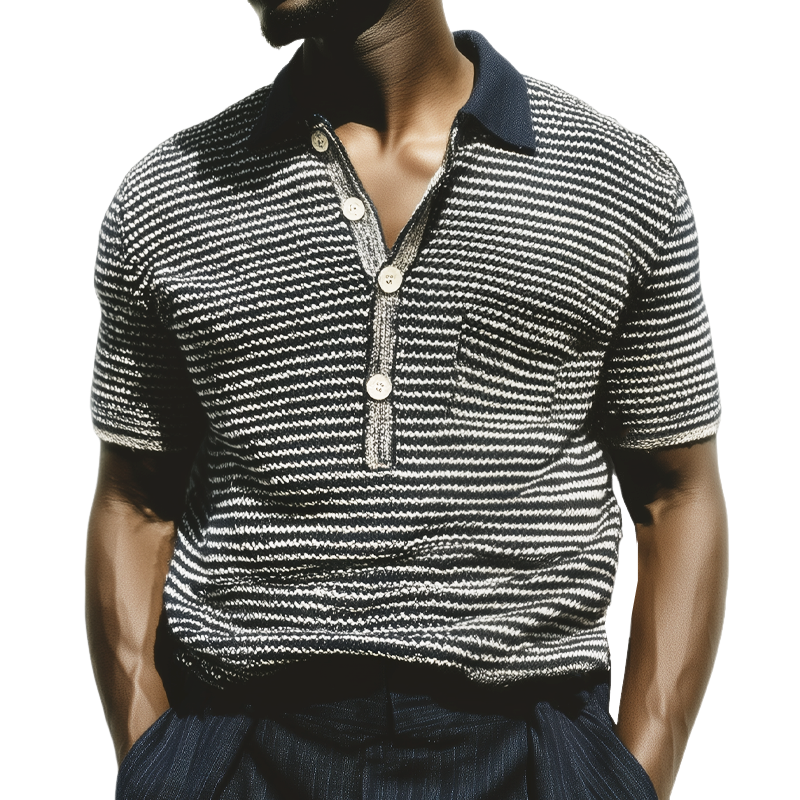 Men's Summer Classic Black And White Striped Polo Neck Knitted T-Shirt MTA0782G3U