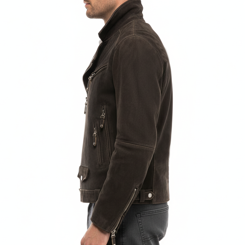 Men's Classic Dark Brown Multi-Pocket Suede Motorcycle Jacket MTA1163J2U