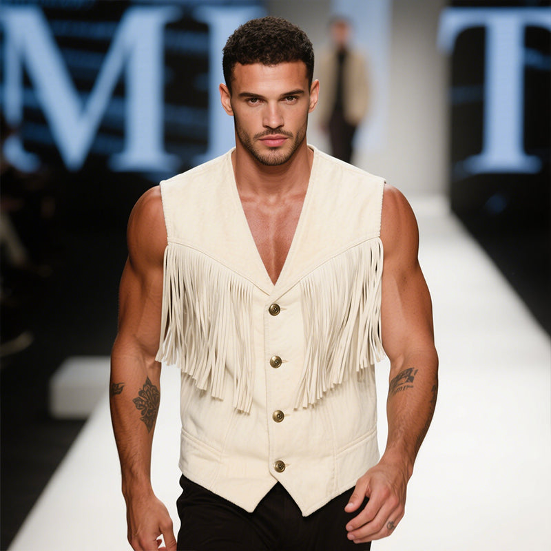 Men's Vintage Casual Cotton Tassel Metal Single Breasted Vest MTA2980E0TO