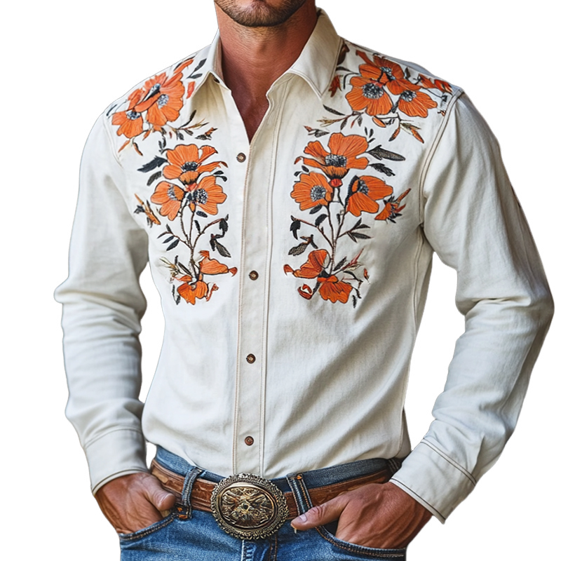 Men's Vintage Embroidered Lapel Long Sleeve Shirt 55928106TO