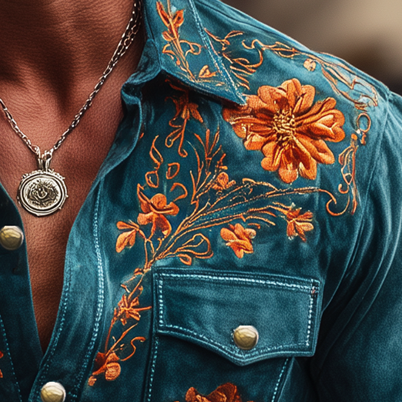 Men's Vintage Floral Embroidered Suede Long Sleeve Shirt MTA2280H1U