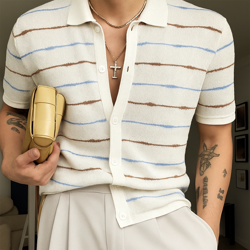 Men's Summer Casual Striped Knitted Short Sleeve Shirt MTA0533F1U