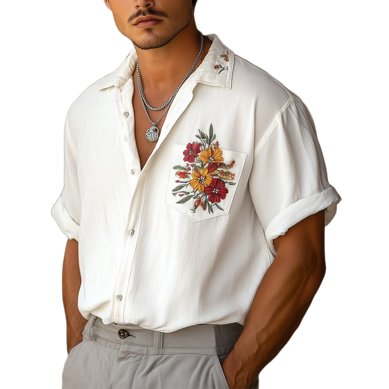 Men's Casual Chiffon Embroidered Short-sleeved Shirt 23772993U