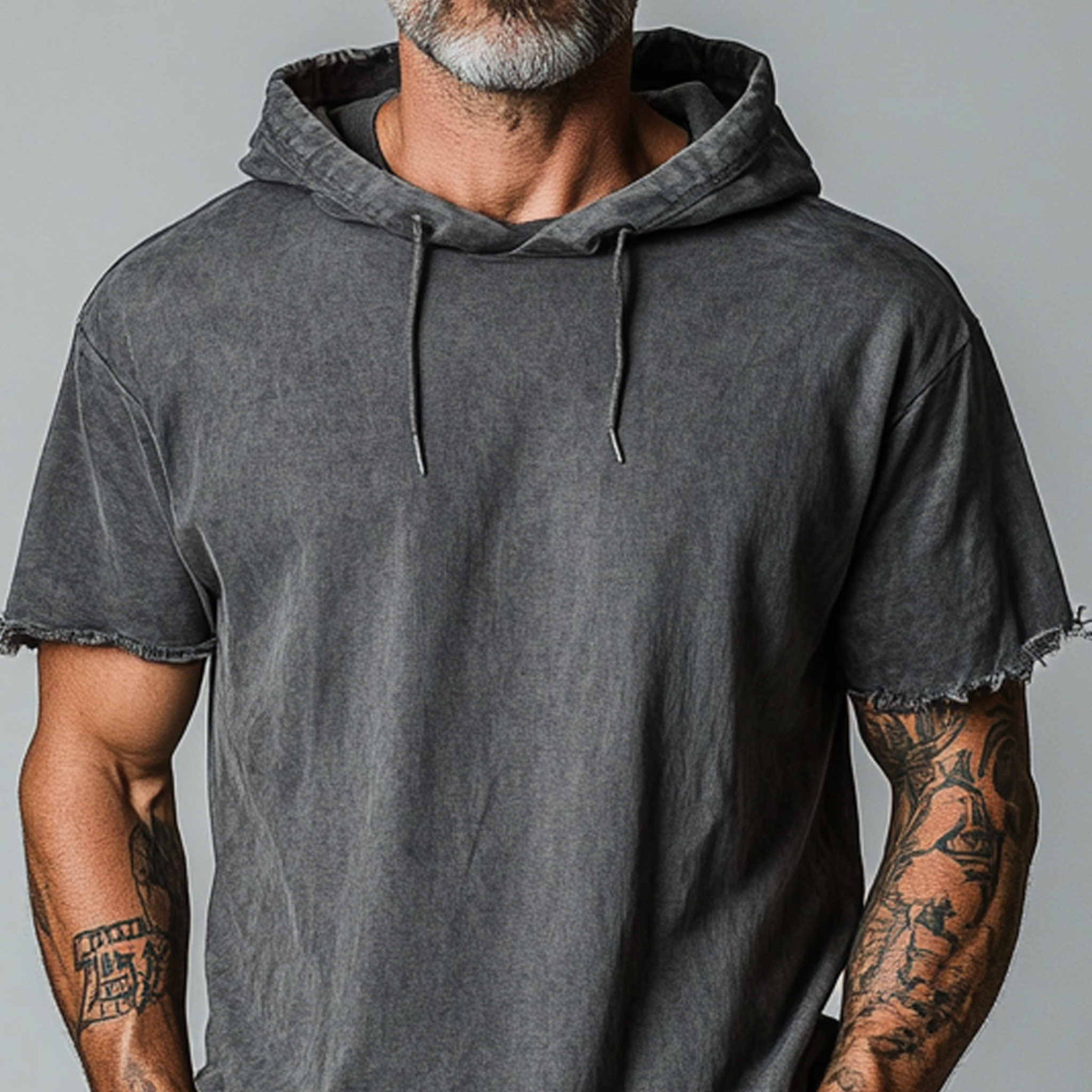 Men's Classic Casual Cotton Blend Washed Hooded Cuffs Raw Edge Craft Short-sleeved T-shirt MTA2131G9K