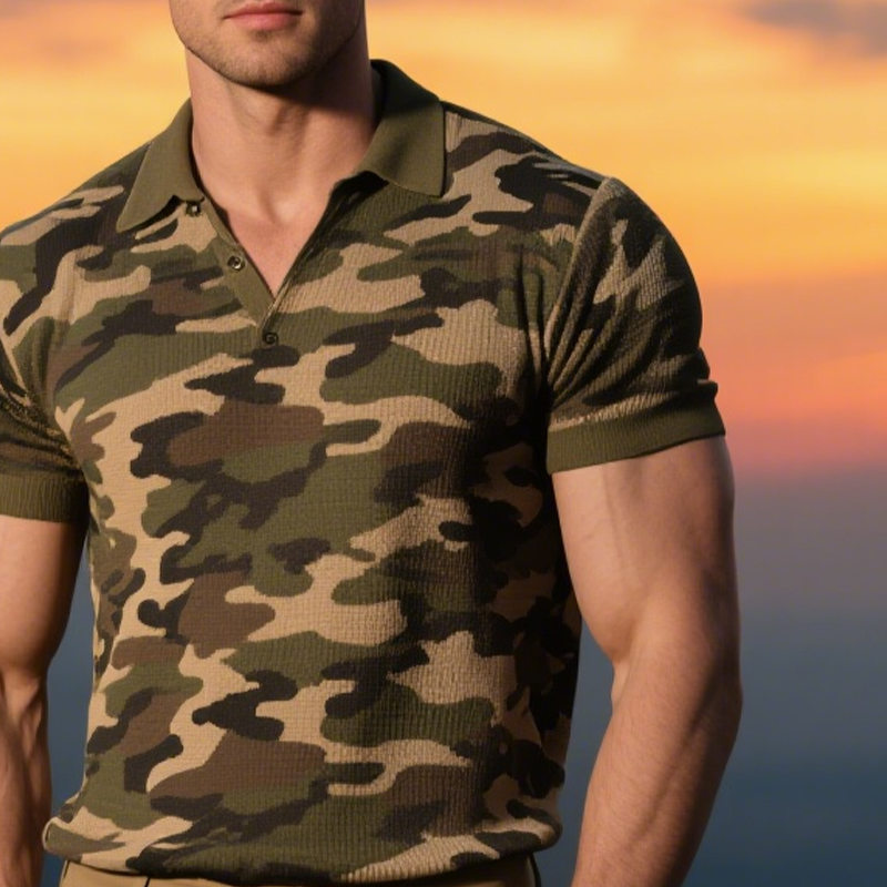 Men's Retro Casual Camouflage Knitted Short Sleeve POLO Shirt MTA1276F3X