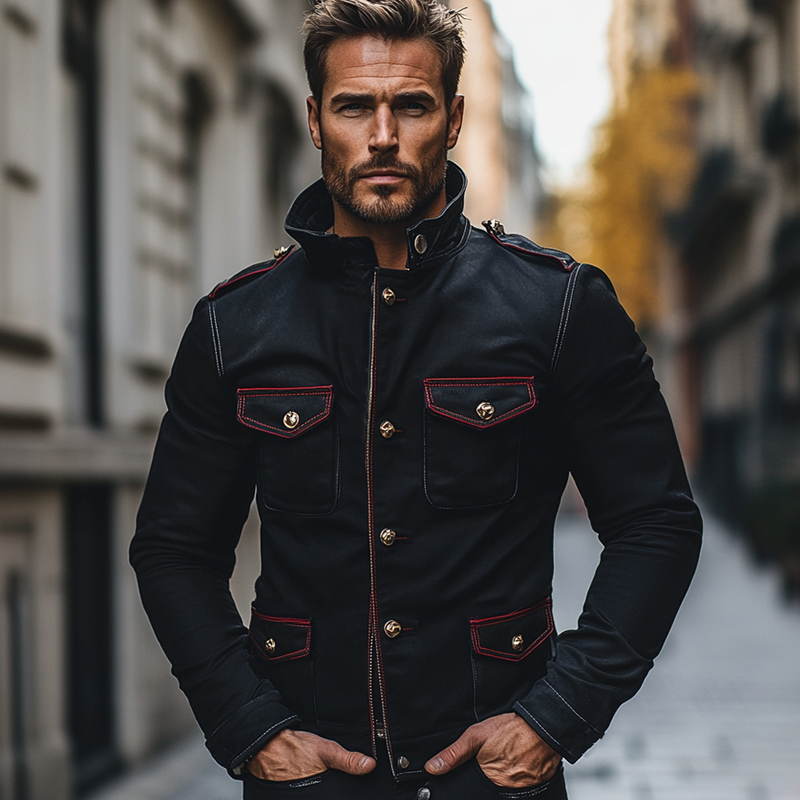 Men's Cotton Blend Contrast Color Stand Collar Multi-pocket Slim Fit Jacket MTA1836H5X