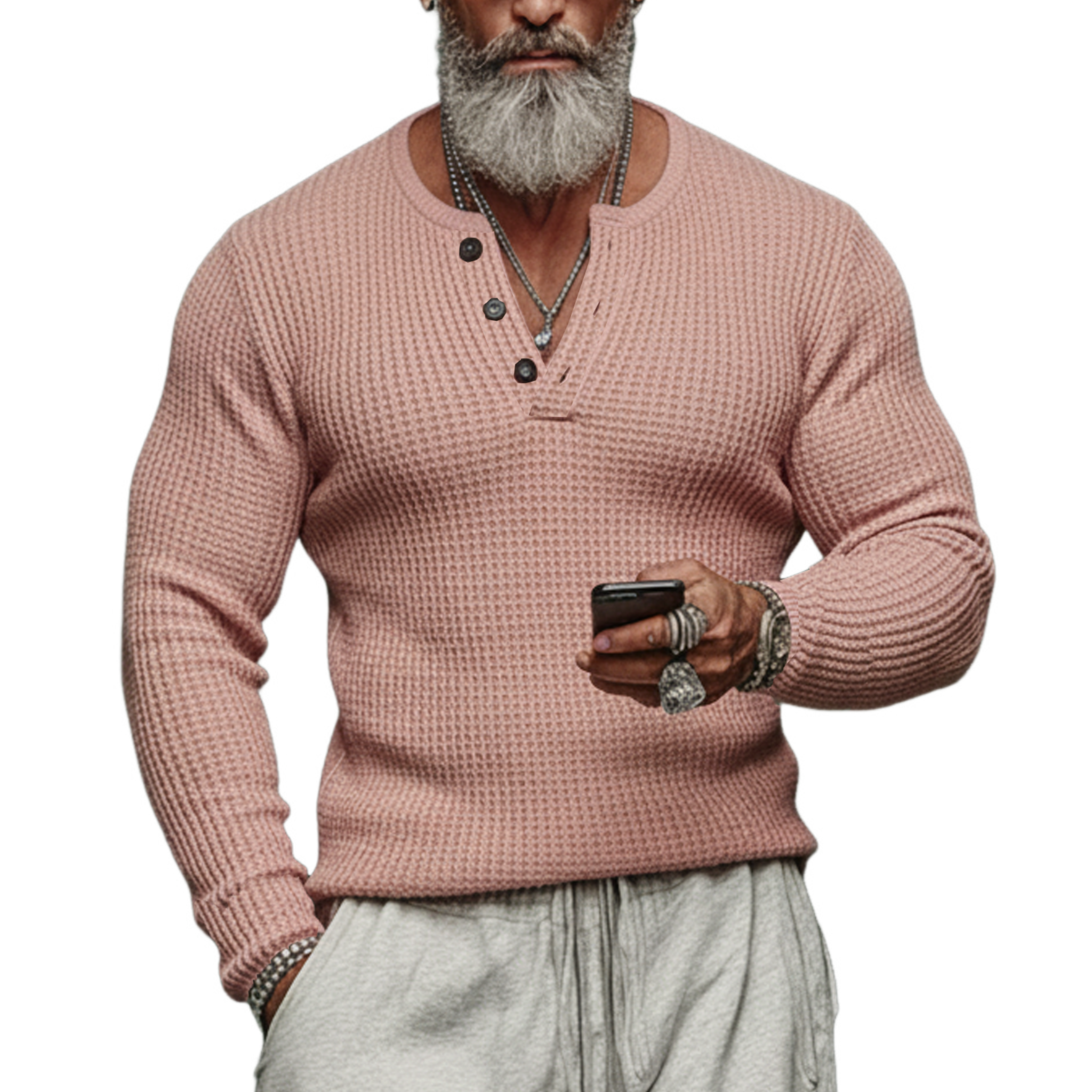 Men's Classic Casual Henley Neck Waffle Knit Long-sleeved T-shirt MTA2300L3K