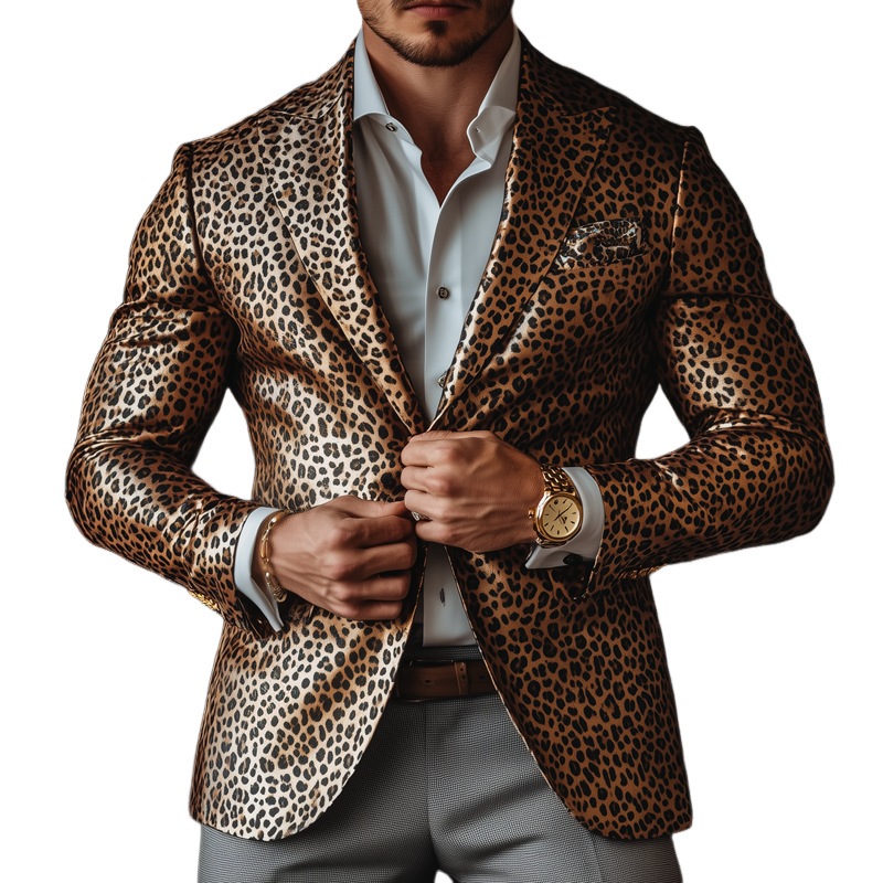 Herremote Leopard Satin Peak Lapel Blazer med to knapper 71155305Z