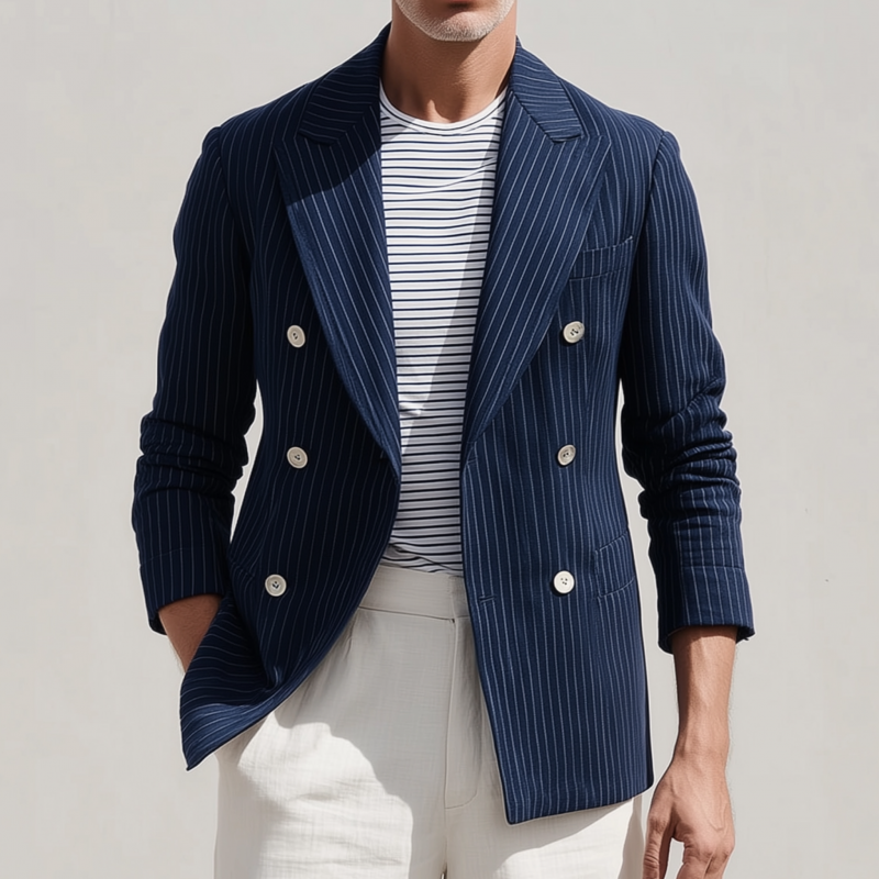 Men's Stylish Cotton Blend Striped Notch Lapel Double-breasted Slim-fit Blazer MTA1905G2M