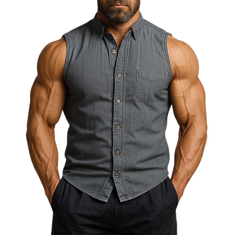Men's Vintage Washed Distressed Lapel Patch Pocket Slim Fit Denim Sleeveless Shirt MTA1380E0M