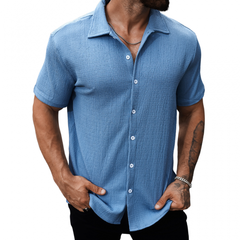 Men's Casual Cotton Blend Pleated Texture Lapel Slim Fit Short Sleeve Shirt MTA2683E7M