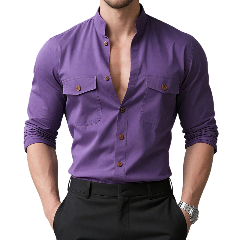 Men's Retro Casual Washed Stand Collar Multi-Pocket Long Sleeve Shirt MTA2133G6TO