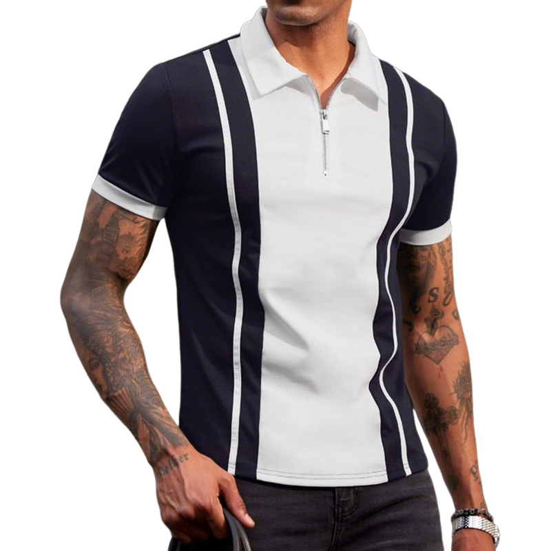 Men's Retro Casual Cotton Patchwork Zipper Short-Sleeved Polo Shirt MTA2253E4TO