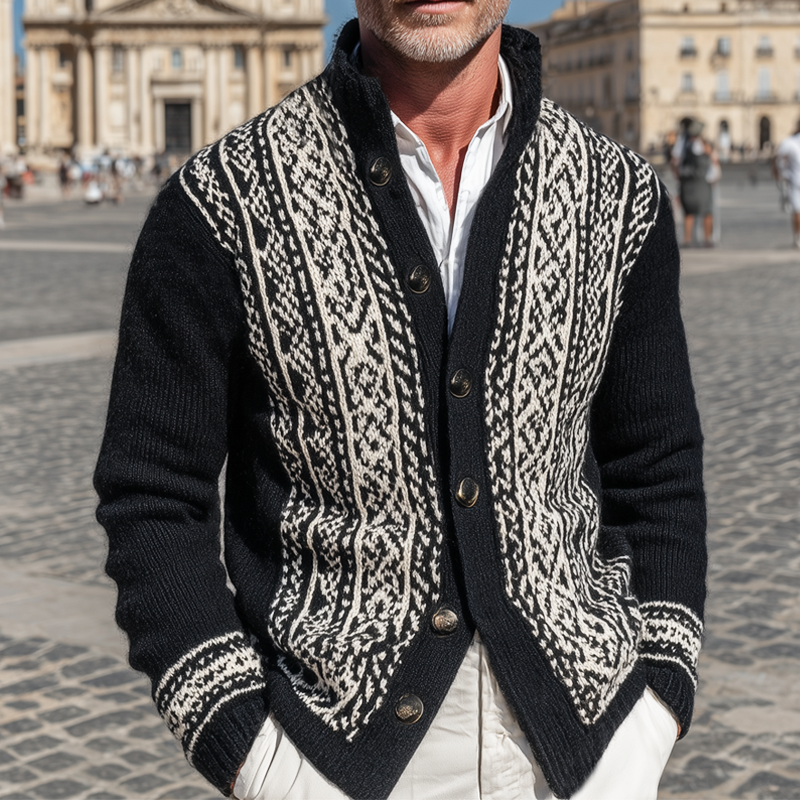 Men's Classic Stand Collar Colorblock Jacquard Button Knit Cardigan MTA1066I7U