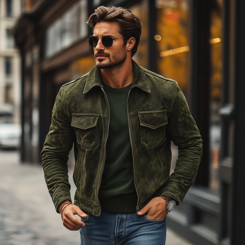 Men's Vintage Solid Suede Lapel Zipper Placket Flap Chest Pocket Slim Fit Jacket MTA0579H8M