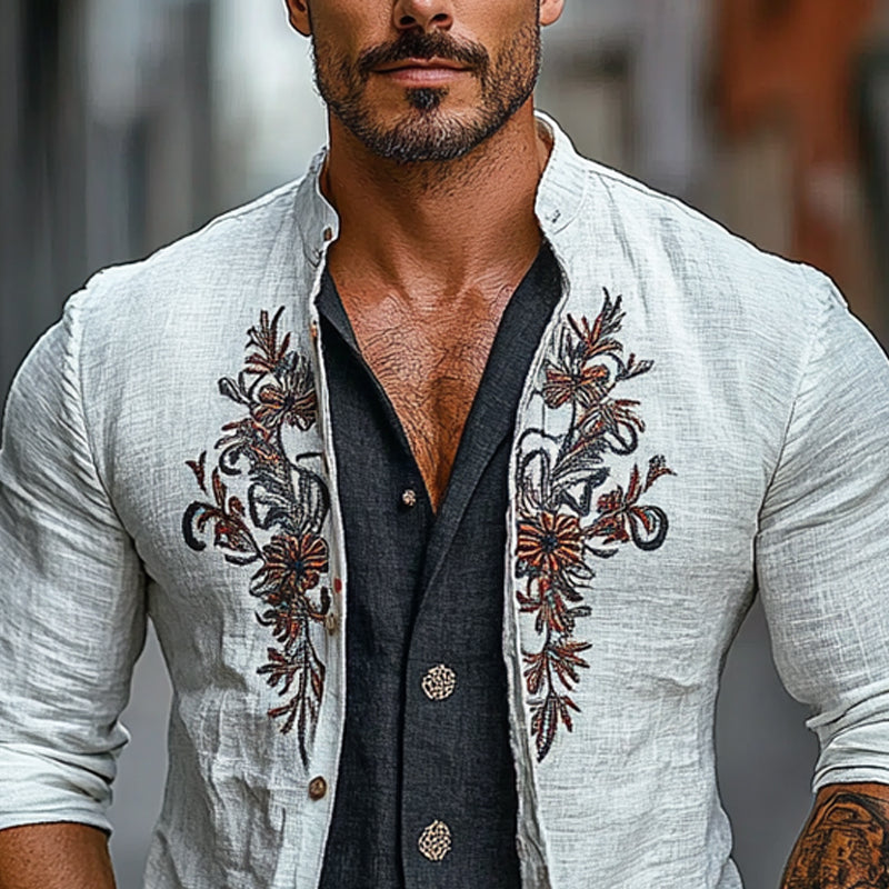 Men's Stand Collar Floral Embroidery Single Breasted Jacket 83911304X