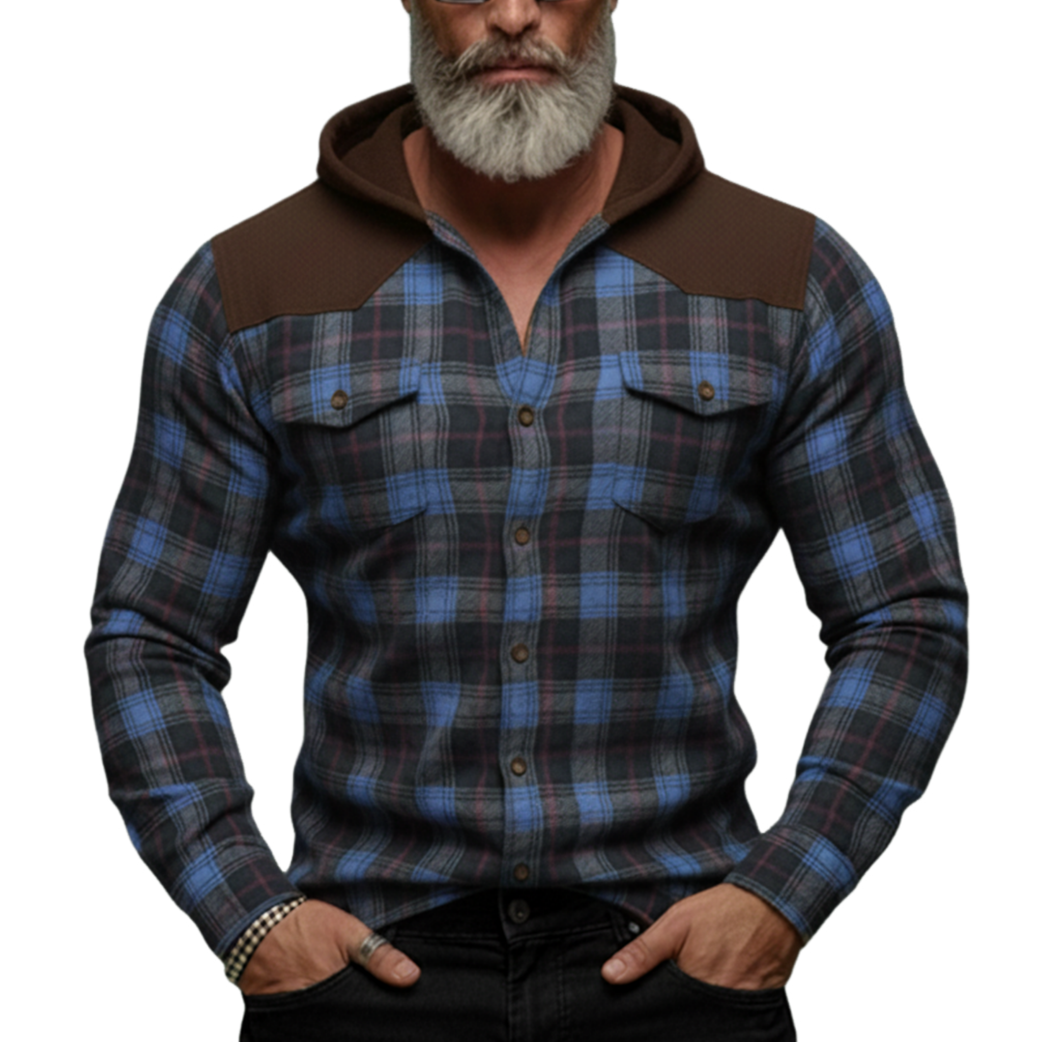 Men's Casual Rugged Style Patchwork Faux Suede Hooded Plaid Brushed Long-Sleeve Shirt MTA1313K7K