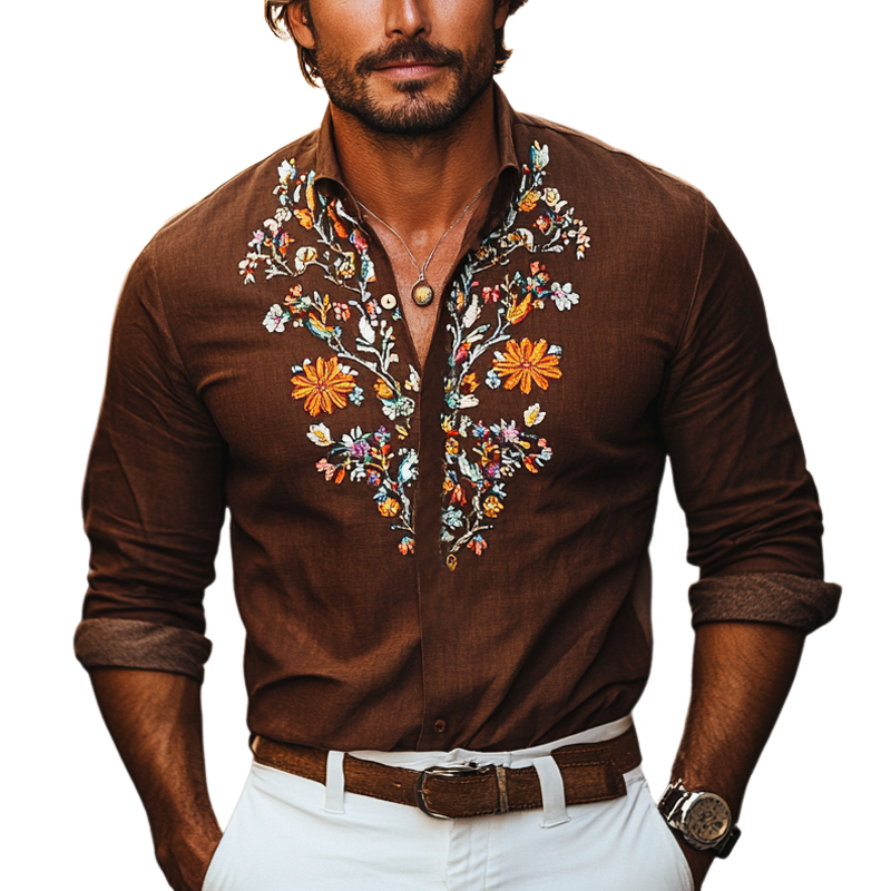 Men's Vintage Cotton and Linen Embroidered Casual Long Sleeve Shirt 16892264U