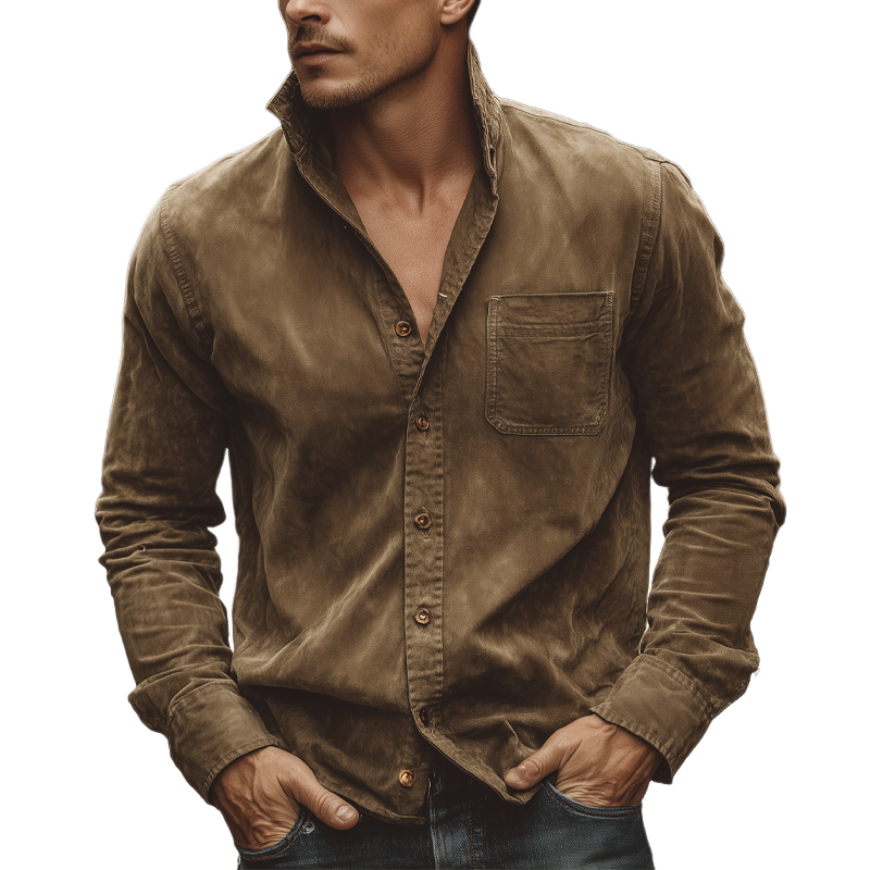 Men's Vintage Suede Lapel Long-sleeved Shirt MTA0736H2X