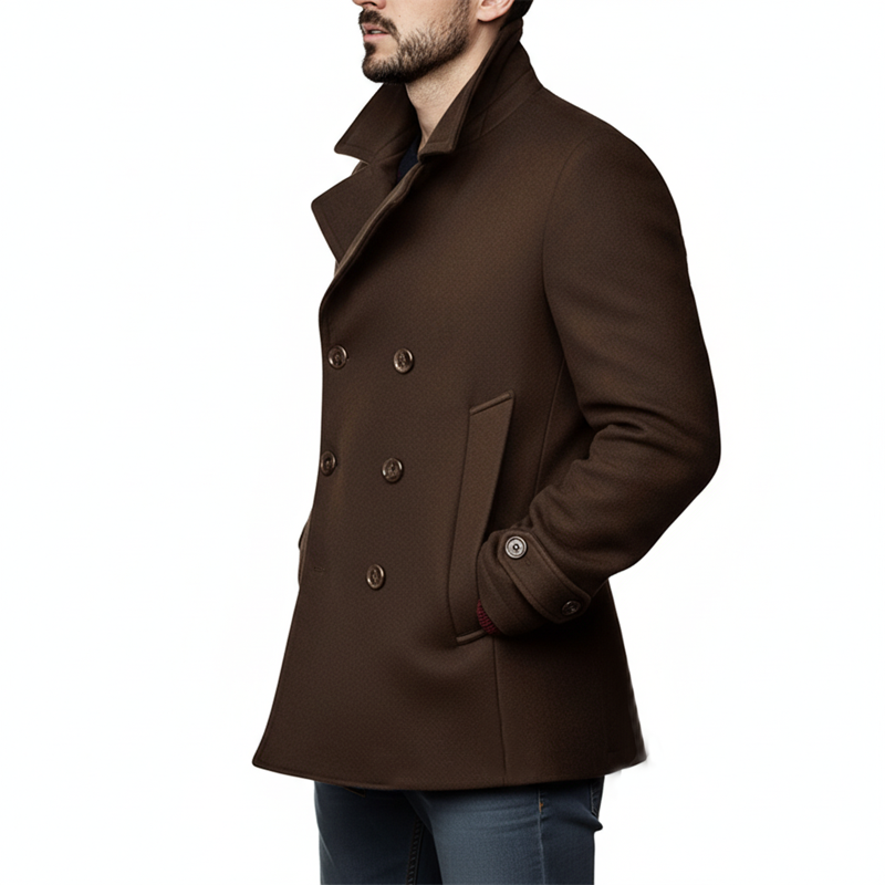 Men's Classic Coffee-colored Double-breasted Faux Wool Short Coat MTA0412K3U