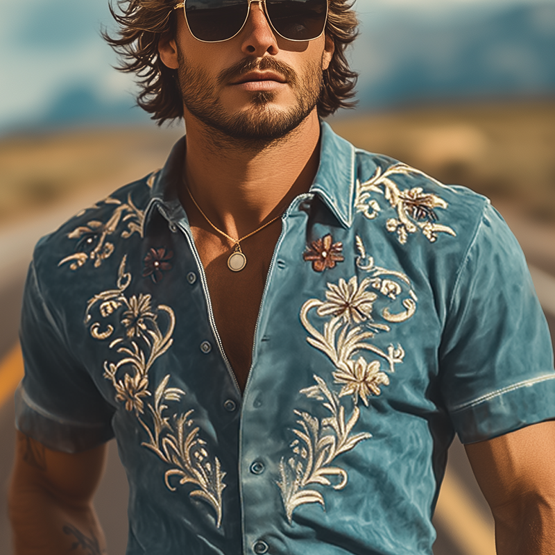 Men's Fashion Casual American Retro Western Tough Style Thin Suede Embroidered Slim Short-sleeved Shirt MTA0772F2K