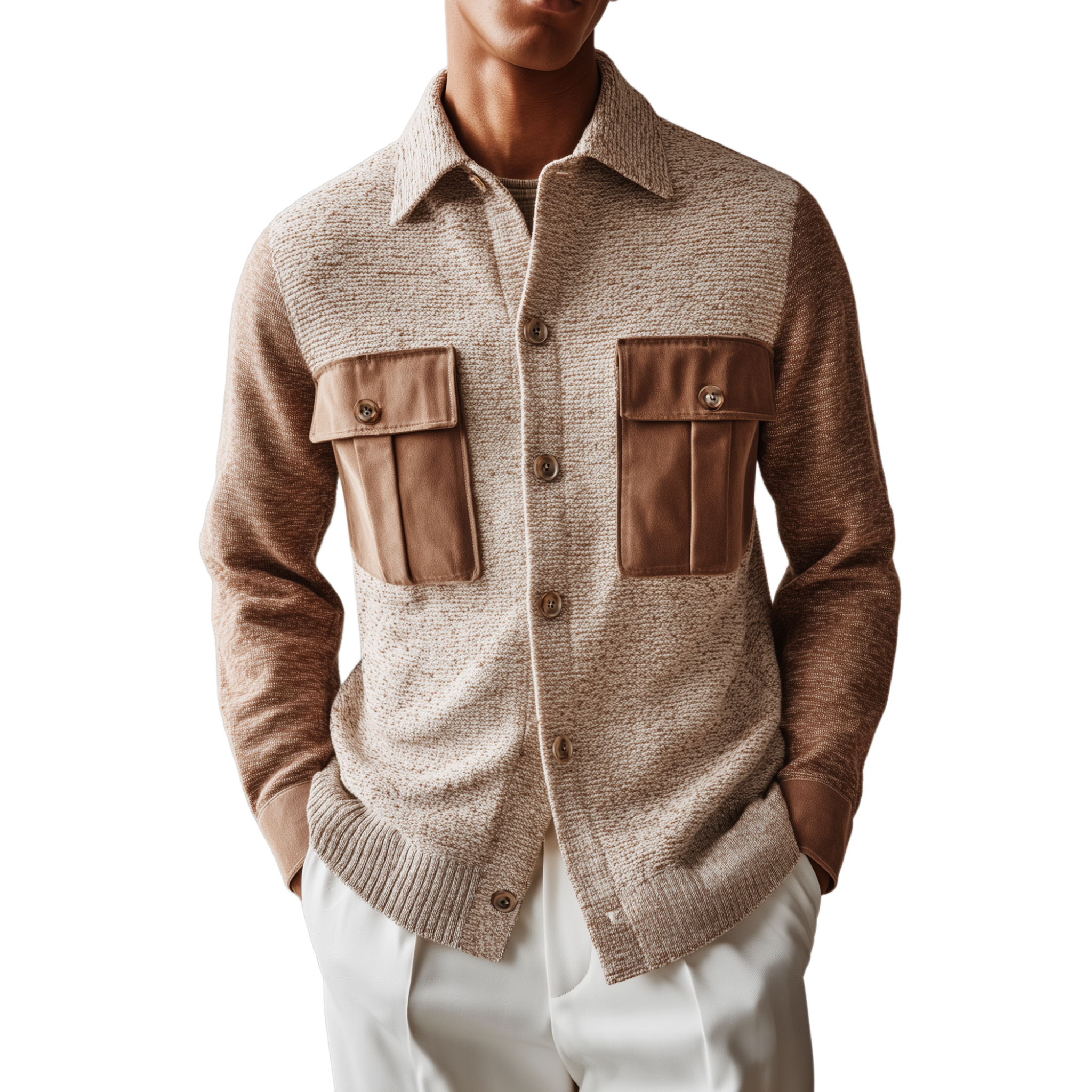 Men's Fashion Casual Pocket And Cuff Stitching Suede Lapel Knitted Long Sleeve Shirt Jacket MTA2930G2K