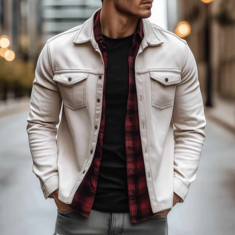 Men's Casual Solid Color Faux Suede Lapel Flap Chest Pocket Loose Long Sleeve Shirt Jacket MTA0891H5M