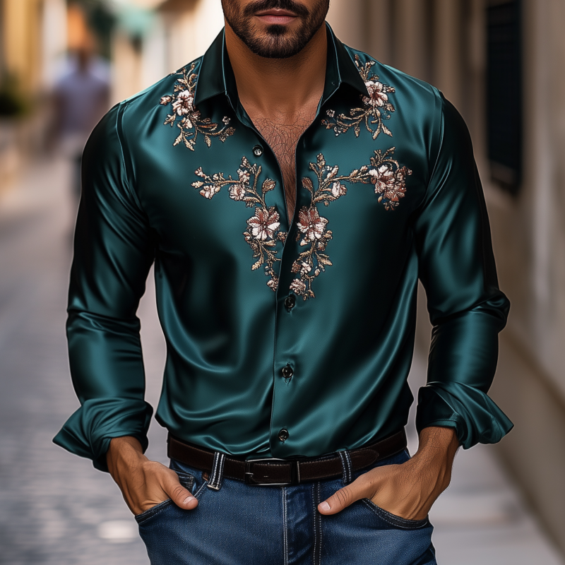 Men's Vintage Flower Embroidery Elegant Solid Satin Lapel Slim Fit Long Sleeve Shirt MTA1944G4M