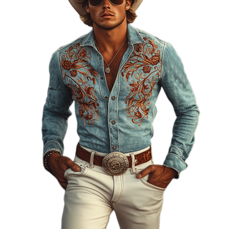 Men's Classic American Retro Western Suede Embroidered Long Sleeve Shirt 83858595K