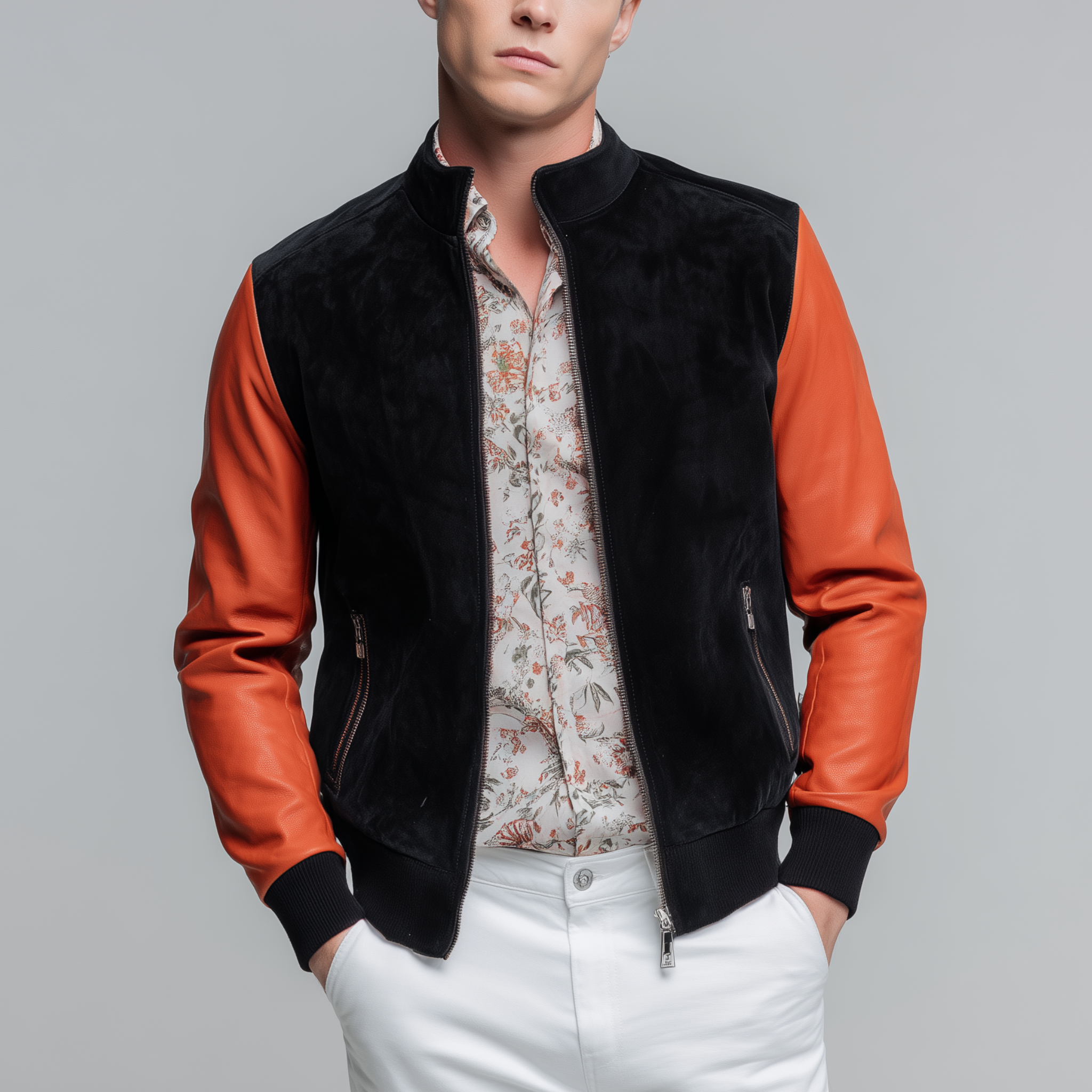 Men's Classic Casual Sleeve PU Leather Stand Collar Suede Jacket MTA0289I3K