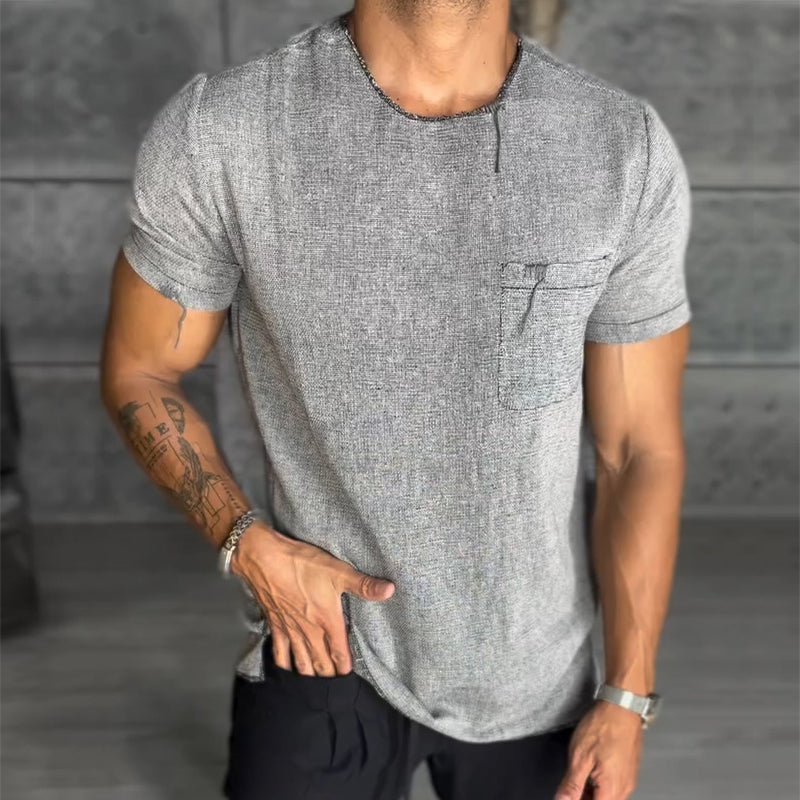 Men's Retro Casual Linen Pocket Round Neck Short Sleeve T-Shirt MTA0691E2TO