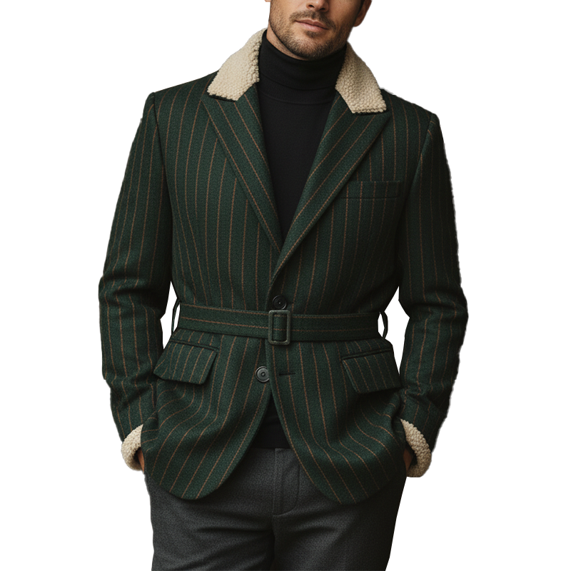 Men's Winter Fashion Plush Collar Striped Faux Wool Coat MTA3053I1P