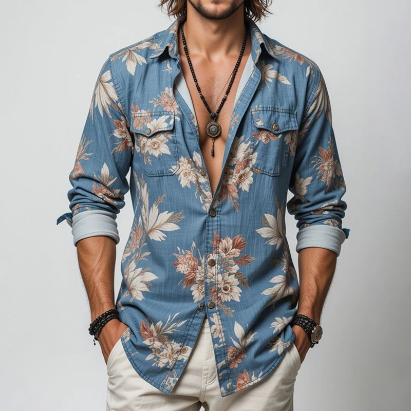 Men's Floral Lapel Chest Pocket Long Sleeve Shirt MTA2229G7Z